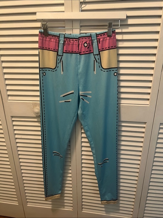 women cartoon legging style Pants - #1989**Graphic Light Blue Leggings with Pink Waistband